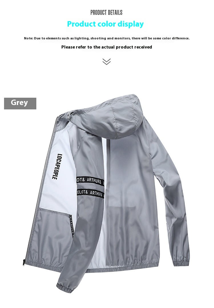 Mens sun protection windbreaker jacket in grey lightweight fabric with white panels and black text branding on the sleeves.