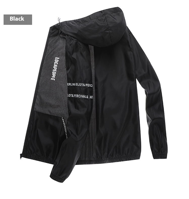 Mens sun protection windbreaker jacket in black with a sleek lightweight fabric and subtle white text branding along the inner lining.