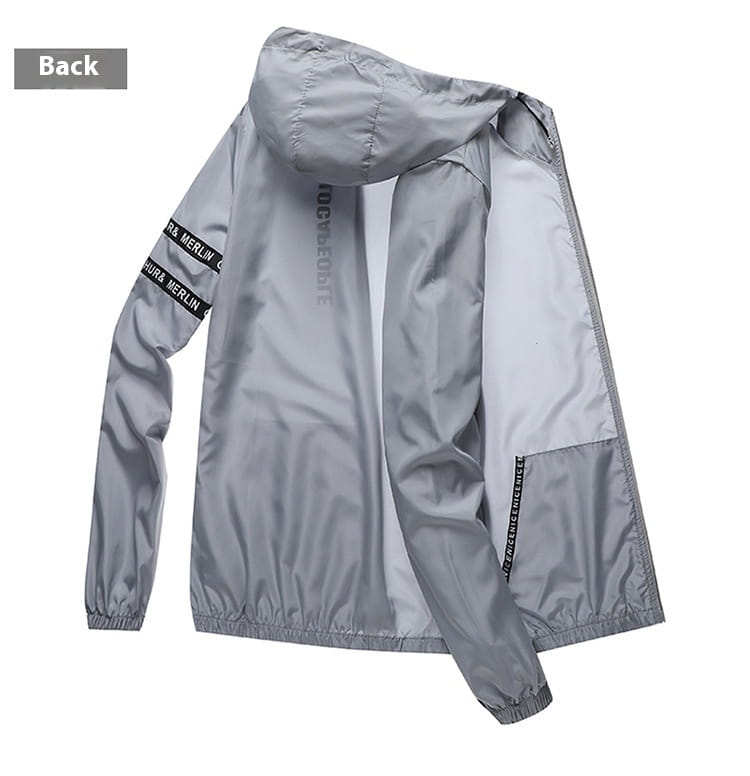 Mens sun protection windbreaker jacket in gray waterproof material with hood and black text bands on sleeves and side seam.