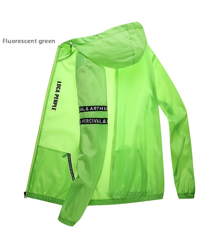 Fluorescent green lightweight mens sun protection windbreaker jacket with hood and black text branding on sleeves and side pocket.