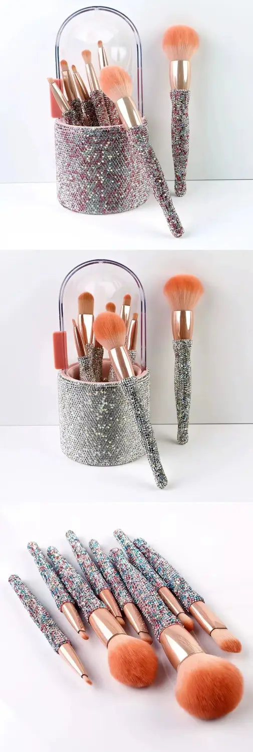 Diamond makeup brush set featuring sparkly silver glitter handles with rose gold ferrules and soft orange bristles displayed with rhinestone storage case.