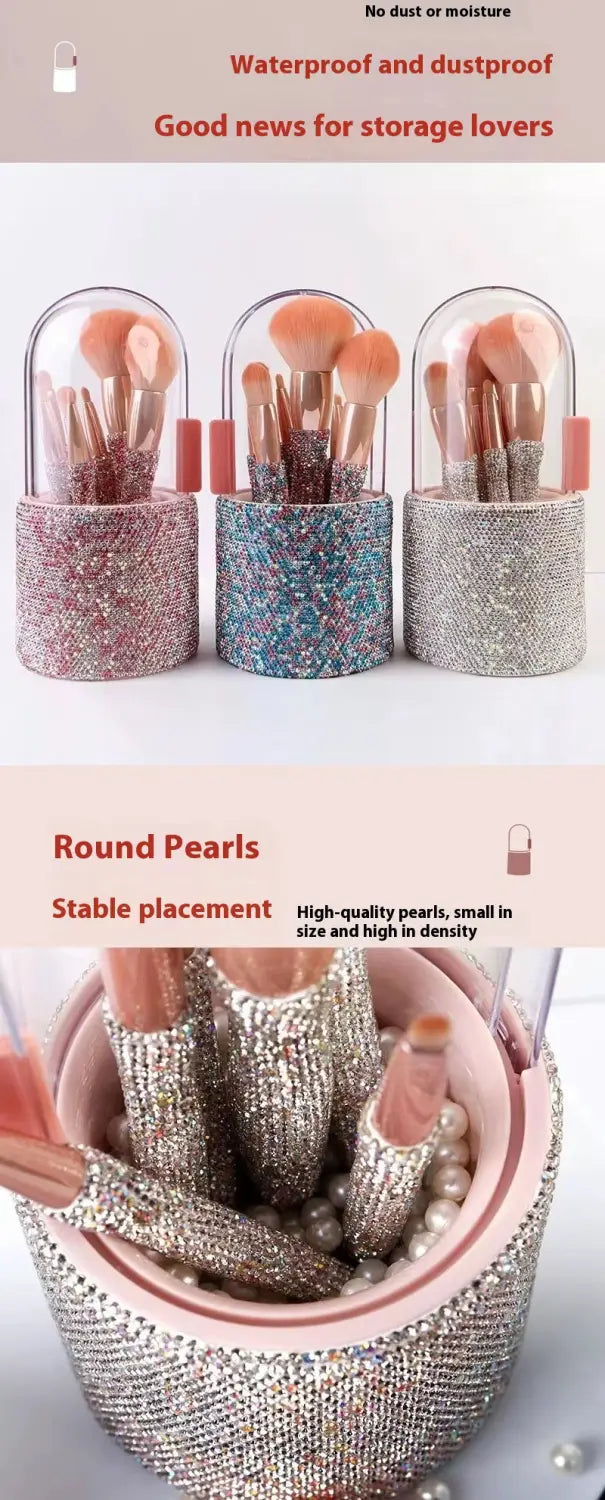 diamond makeup brush set with rhinestone storage case featuring sparkly glitter-covered cylindrical brush holders in pink blue and silver hues