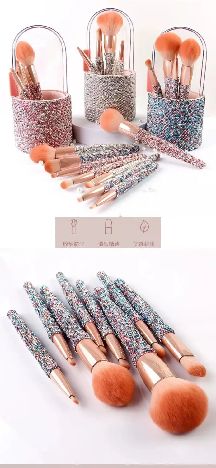 Diamond makeup brush set featuring sparkly rose gold and pink glitter brushes with matching rhinestone cylindrical storage cases.