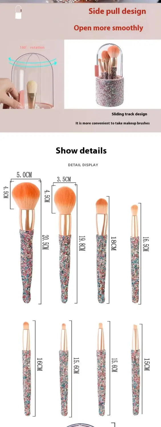 sparkly multicolored glitter diamond makeup brush set with rose gold ferrules and matching rhinestone cylindrical storage case