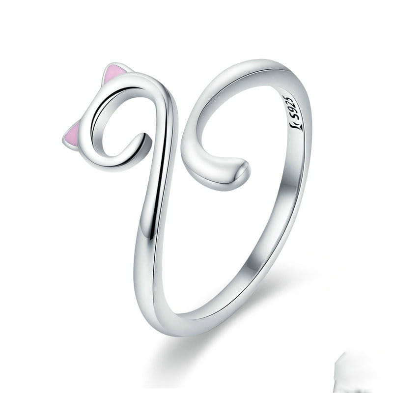 A delicate 925 sterling silver cat ring featuring pink enamel ears and a sleek curved design.