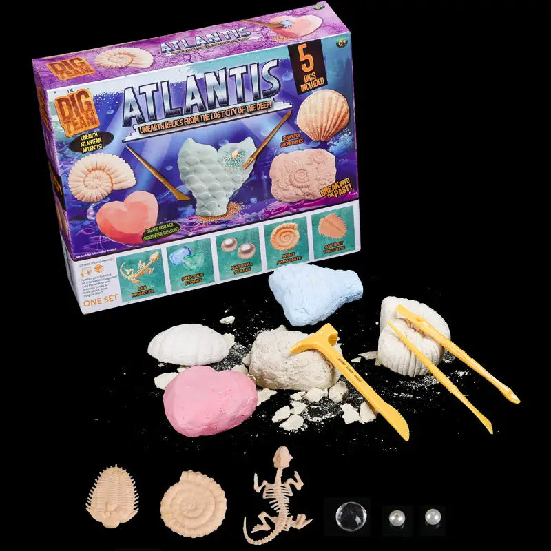 le kit paléontologie de l’équipe de fouilles Atlantis propose des répliques de fossiles moulées et colorées en rose, blanc et bleu, accompagnées d’outils de fouille jaunes, dans le kit d’extraction de pierres précieuses pour enfants, jouet de géologie STEM.