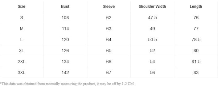 Size chart for men’s retro cotton linen blend long sleeve button up shirt showing measurements in centimeters for sizes s through 3xl.