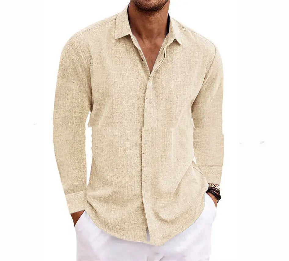 Beige men’s retro long sleeve button up shirt made of cotton linen blend with subtle textured weave and classic collar.