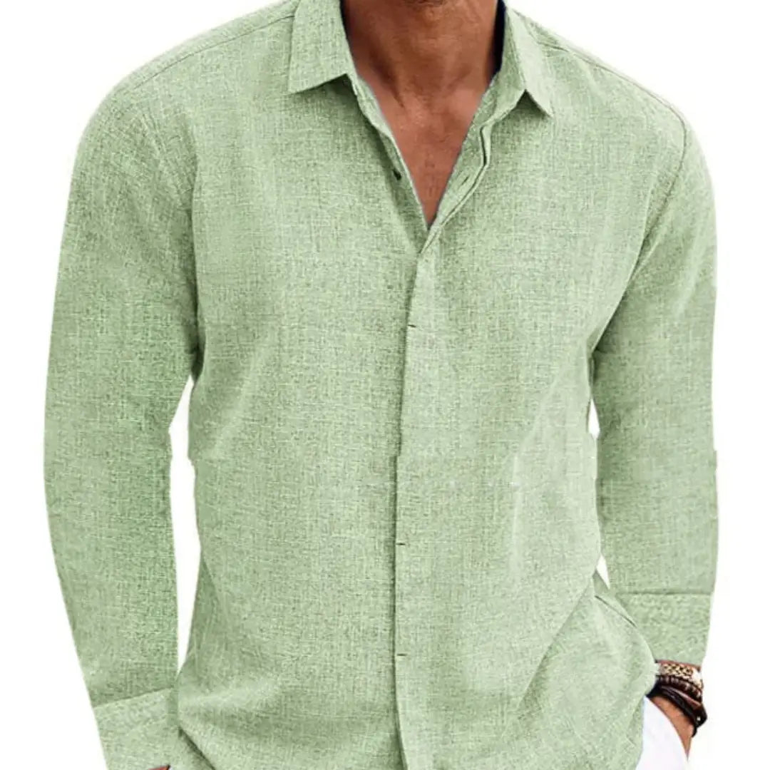 Men’s retro cotton linen blend light green textured long sleeve button up shirt shown from the front.