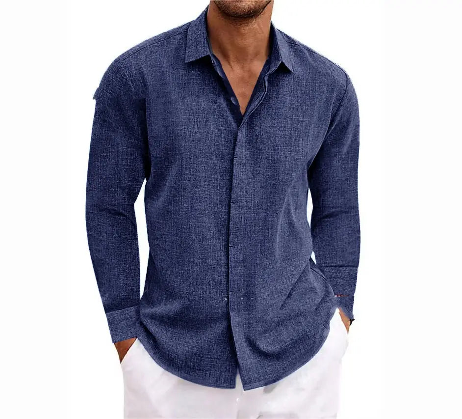 Men’s retro cotton linen blend long sleeve button up shirt in navy blue textured cotton with a classic collar.
