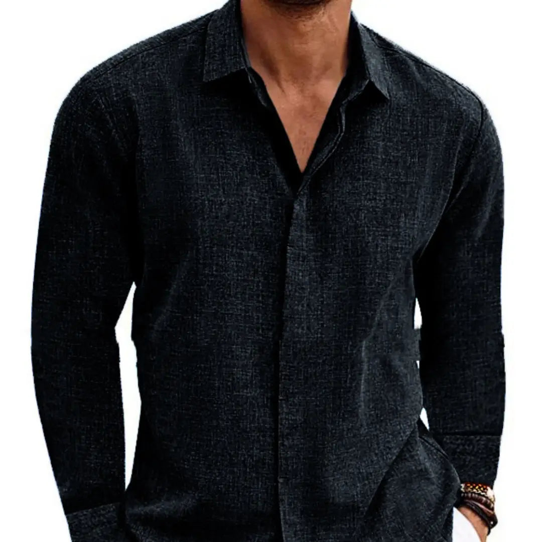 Men’s retro cotton linen blend long sleeve button up shirt in dark blue textured fabric.