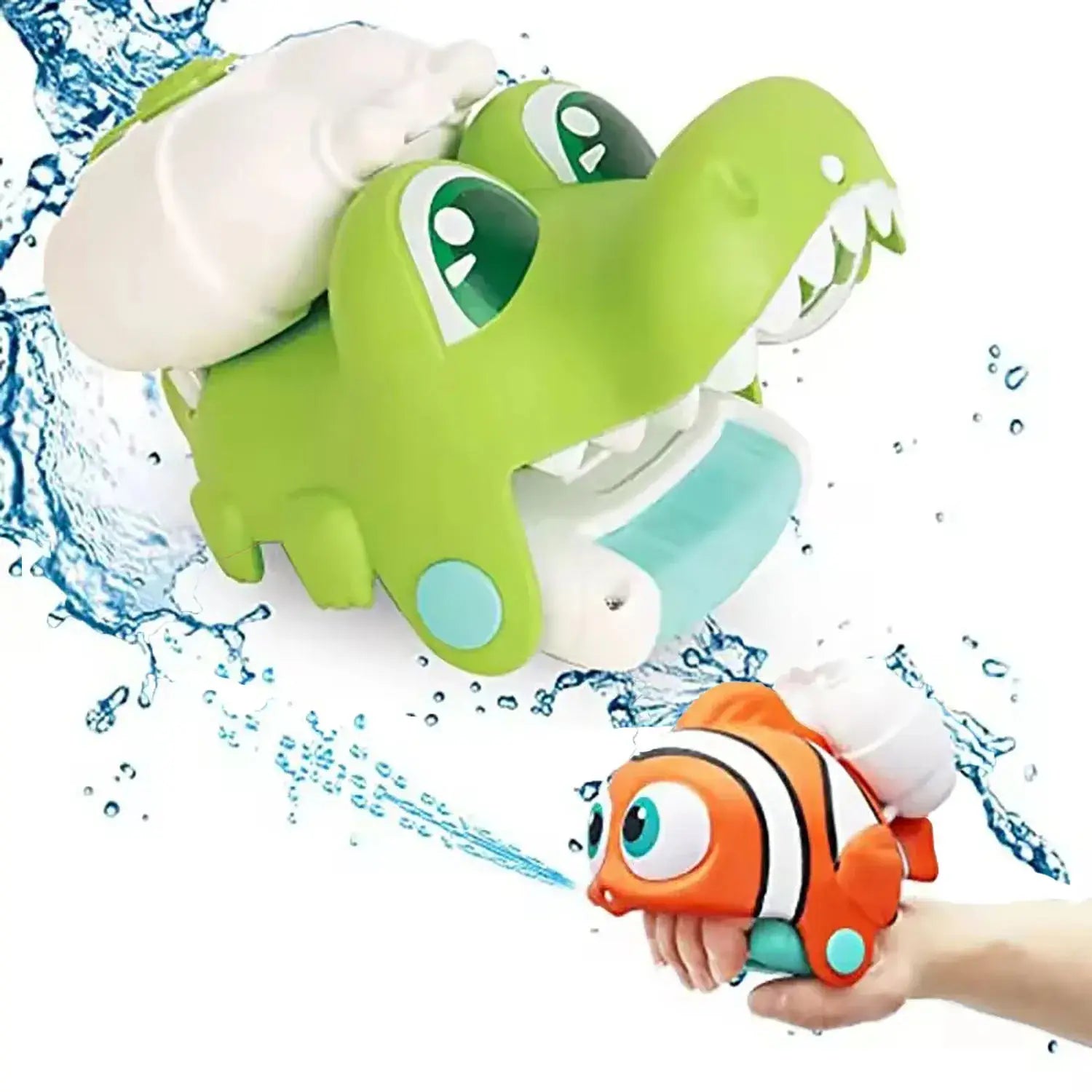 白色と淡い水色のアクセントを施し、口から水を勢いよく噴射する遊び心のあるデザインの、緑色のプラスチック製ワニ形動物リスト型ウォーターガンで、子ども向けの屋外ビーチおもちゃ。