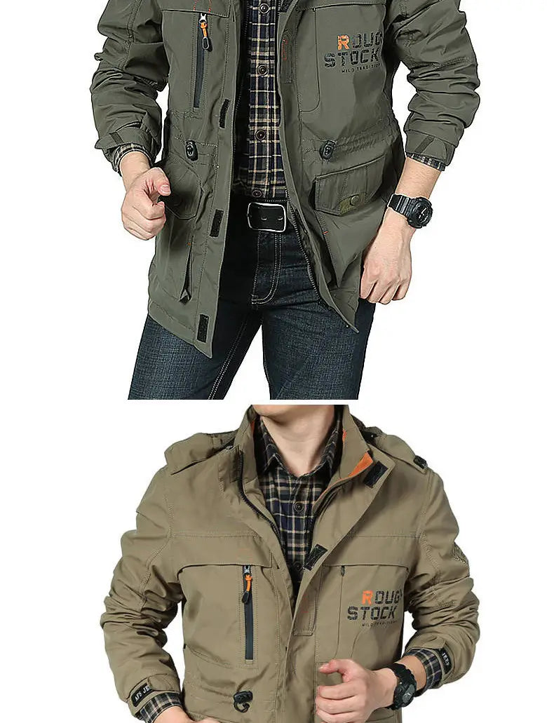 Men’s loose fit olive green waterproof tactical hooded jacket with multiple pockets zipper details and branded logo on the chest.