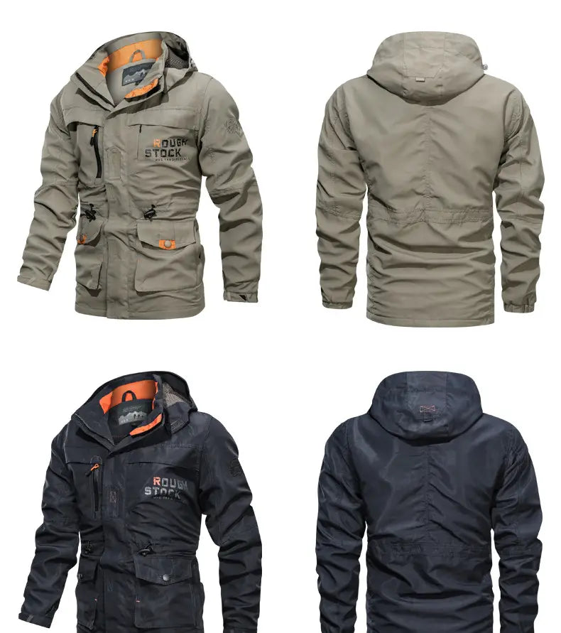 Men’s loose fit waterproof tactical hooded jackets in olive green and black with orange accents featuring rough stock branding.