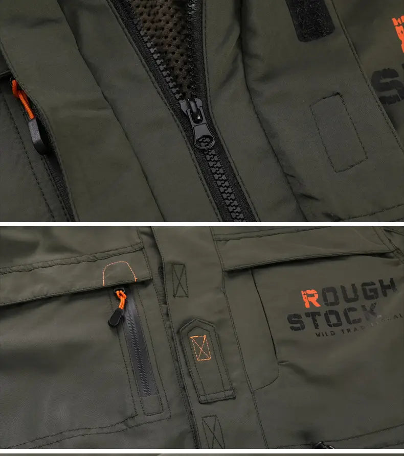 Men’s loose fit waterproof tactical hooded jacket in olive green with black zippers orange zipper pulls and a rough stock logo patch.
