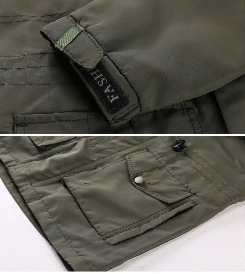 Men’s loose fit olive green waterproof tactical hooded jacket with reinforced stitching and branded patch on the sleeve.
