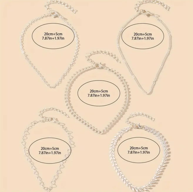 silver-toned delicate chain necklaces with teardrop-shaped design and adjustable length markings featured in the bohemian gold heart and leaf layered anklet set