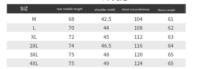 Size chart for men’s loose linen mandarin collar long sleeve shirt showing women’s garment measurements in centimeters from size m to 4xl.