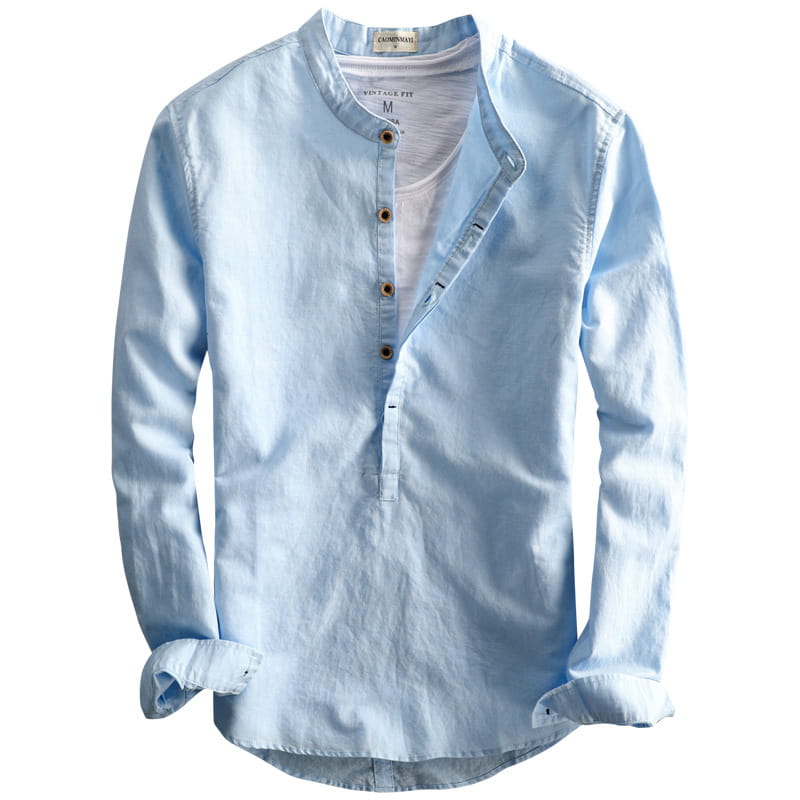 Men’s loose linen mandarin collar long sleeve shirt in light blue with wooden buttons.