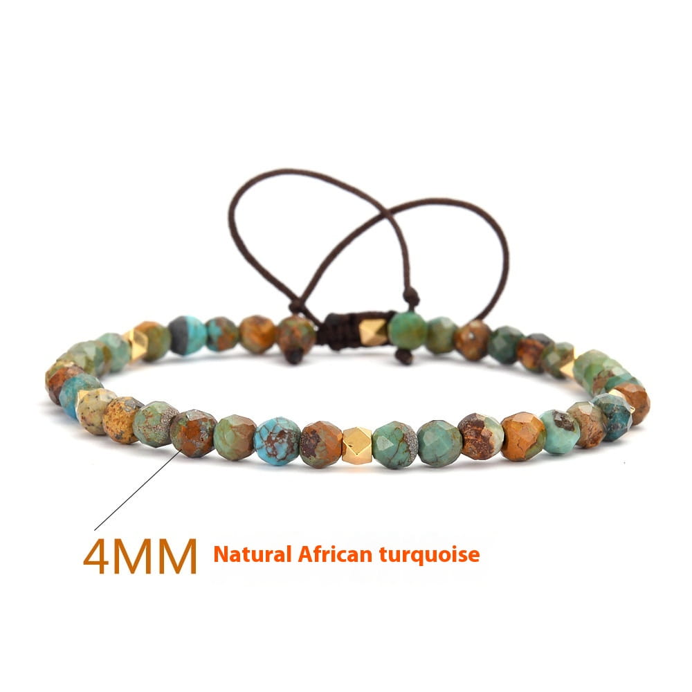 Adjustable African turquoise braided leather bracelet featuring 4mm natural African turquoise beads in earthy green blue and brown hues with small gold-toned accents.