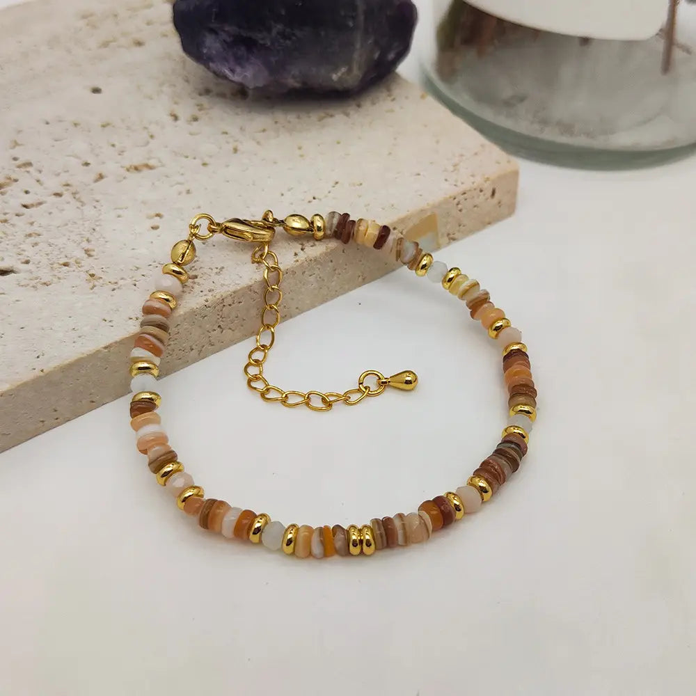 A delicate handwoven rainbow shell beaded bracelet featuring a gold-toned clasp and a串 of earthy multi-colored stone beads in shades of brown orange and cream.