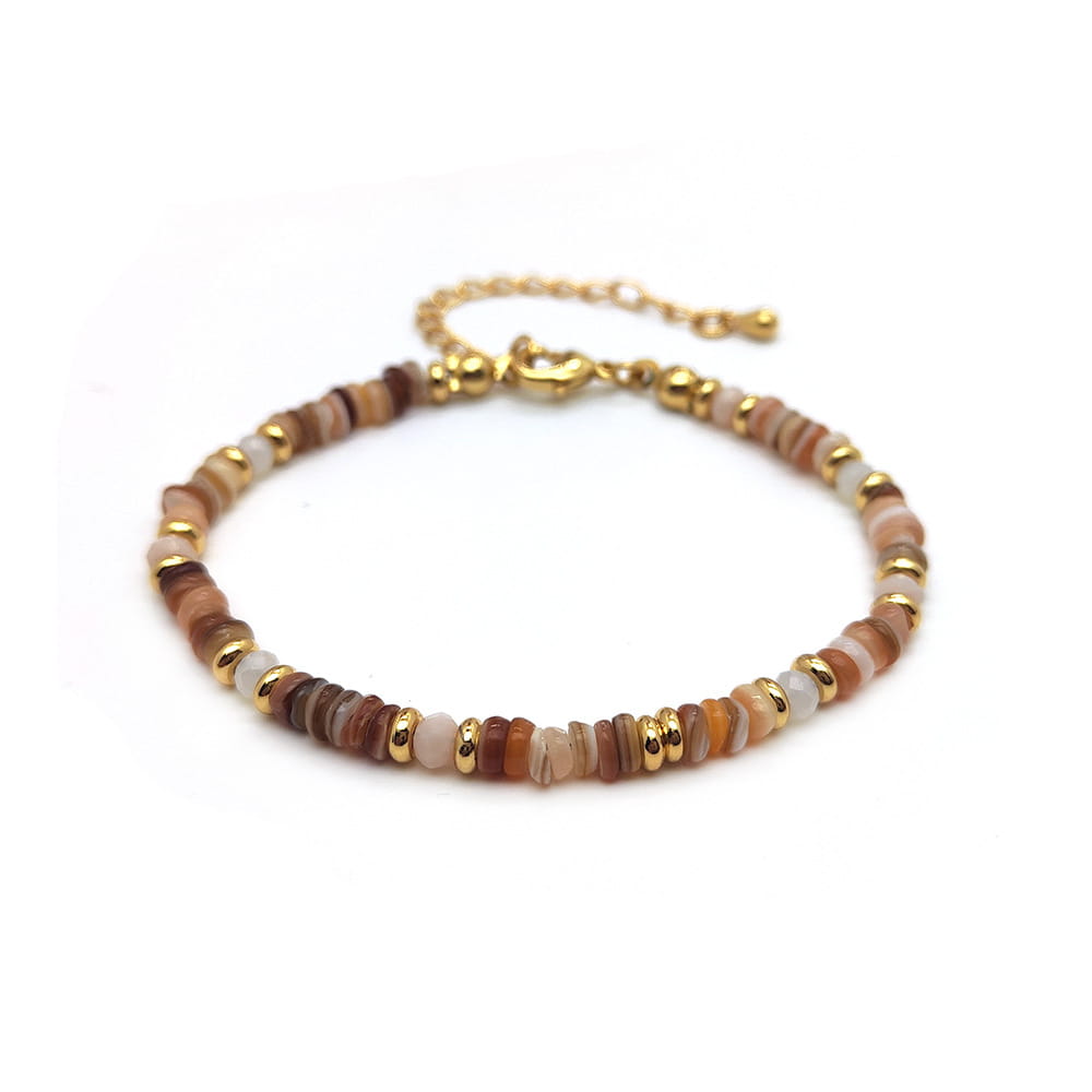 Handwoven rainbow shell beaded bracelet with earth-toned brown and beige polished stone beads and gold-tone spacers with a gold clasp.