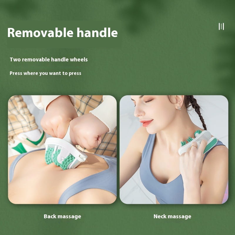 Rodillo masajeador circular desmontable para piernas de 30 kEDU color blanco y verde, con ruedas de mango desmontable, para masaje de espalda y cuello; se muestra desde el lado posterior