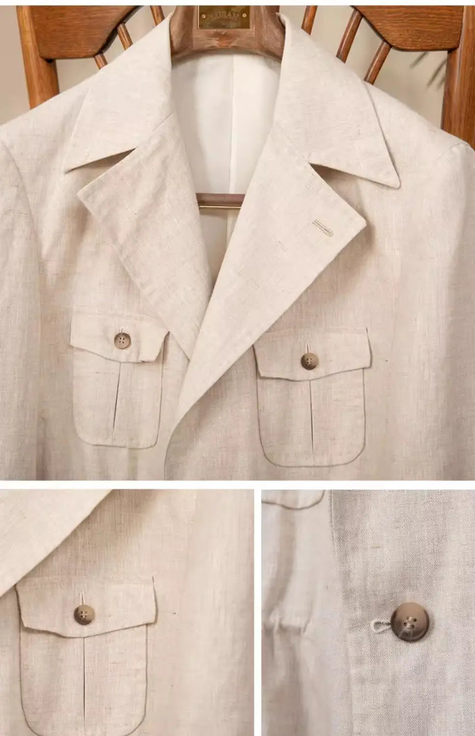 Ein heller beiger Herren-Retro-Leinenblazer mit zwei vorderen Klappentaschen und passenden Knöpfen, entworfen als lässige Anzugjacke.