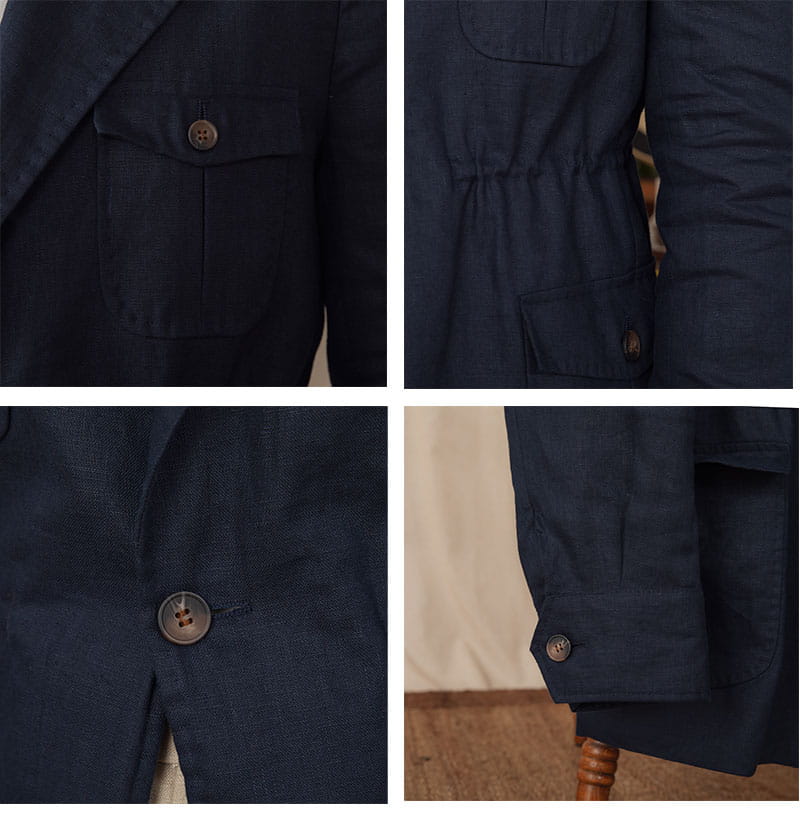 Herren-Retro-Leinenblazer im lässigen Anzugjackenstil aus dunkelblauem Leinen mit braunen Knöpfen und dezenter Textur.