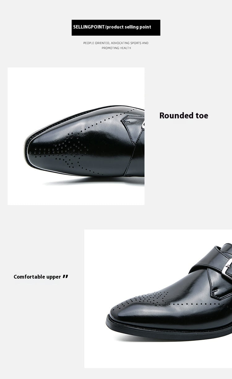 Black leather monk strap dress shoe with polished finish and perforated detailing for men.