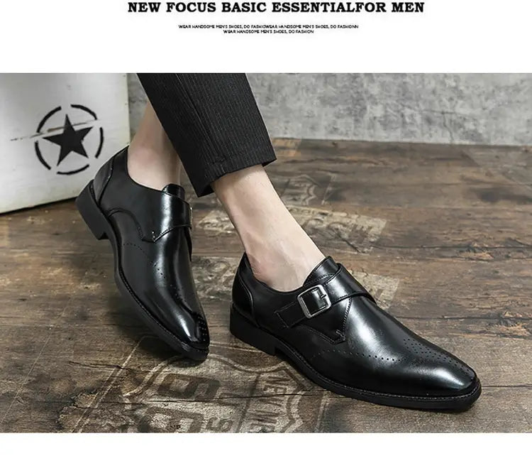 Black leather monk strap dress shoe with polished finish and perforated detailing for men.