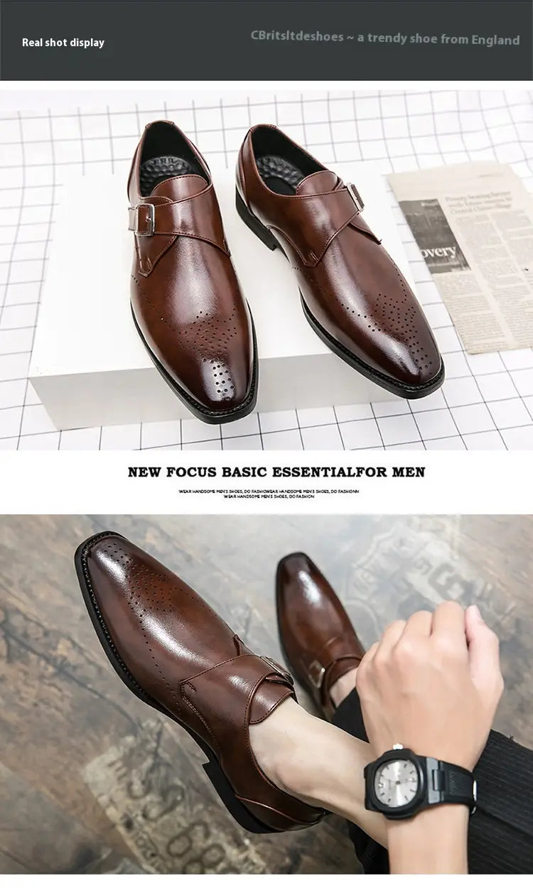 Black leather monk strap dress shoe with polished finish and perforated detailing for men.