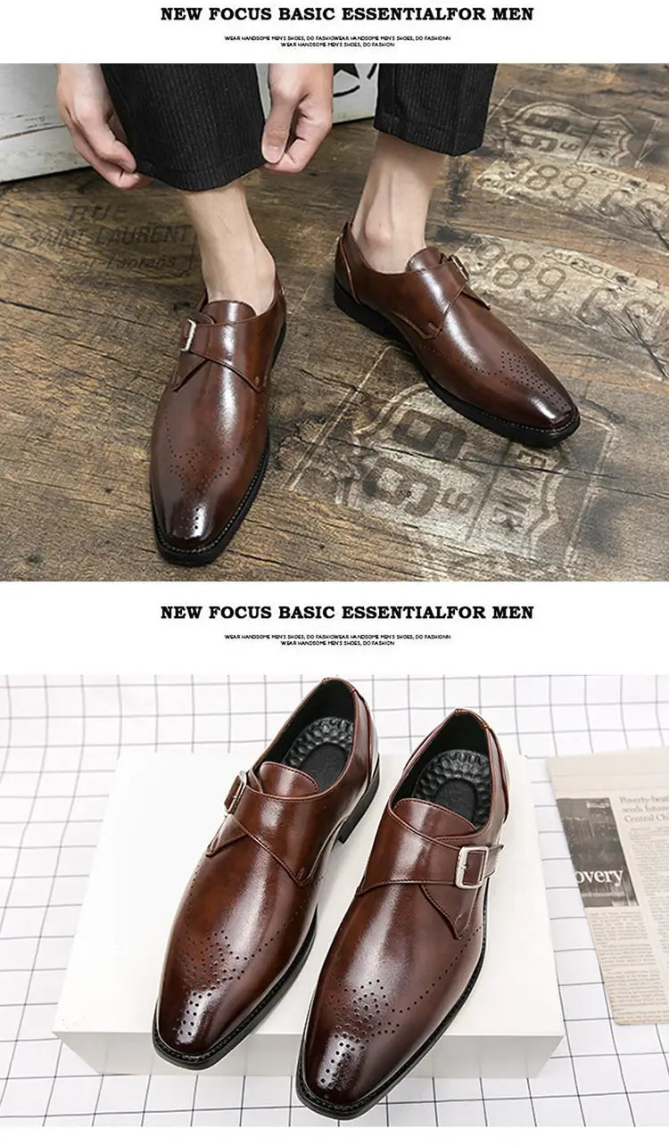 Black leather monk strap dress shoe with polished finish and perforated detailing for men.