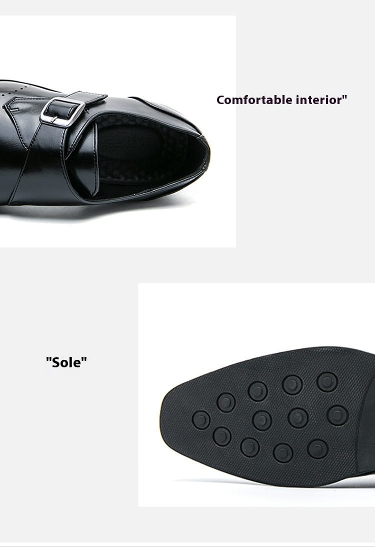 Black leather monk strap dress shoe with polished finish and perforated detailing for men.