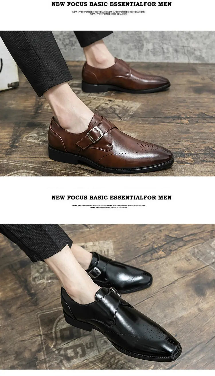 Black leather monk strap dress shoe with polished finish and perforated detailing for men.