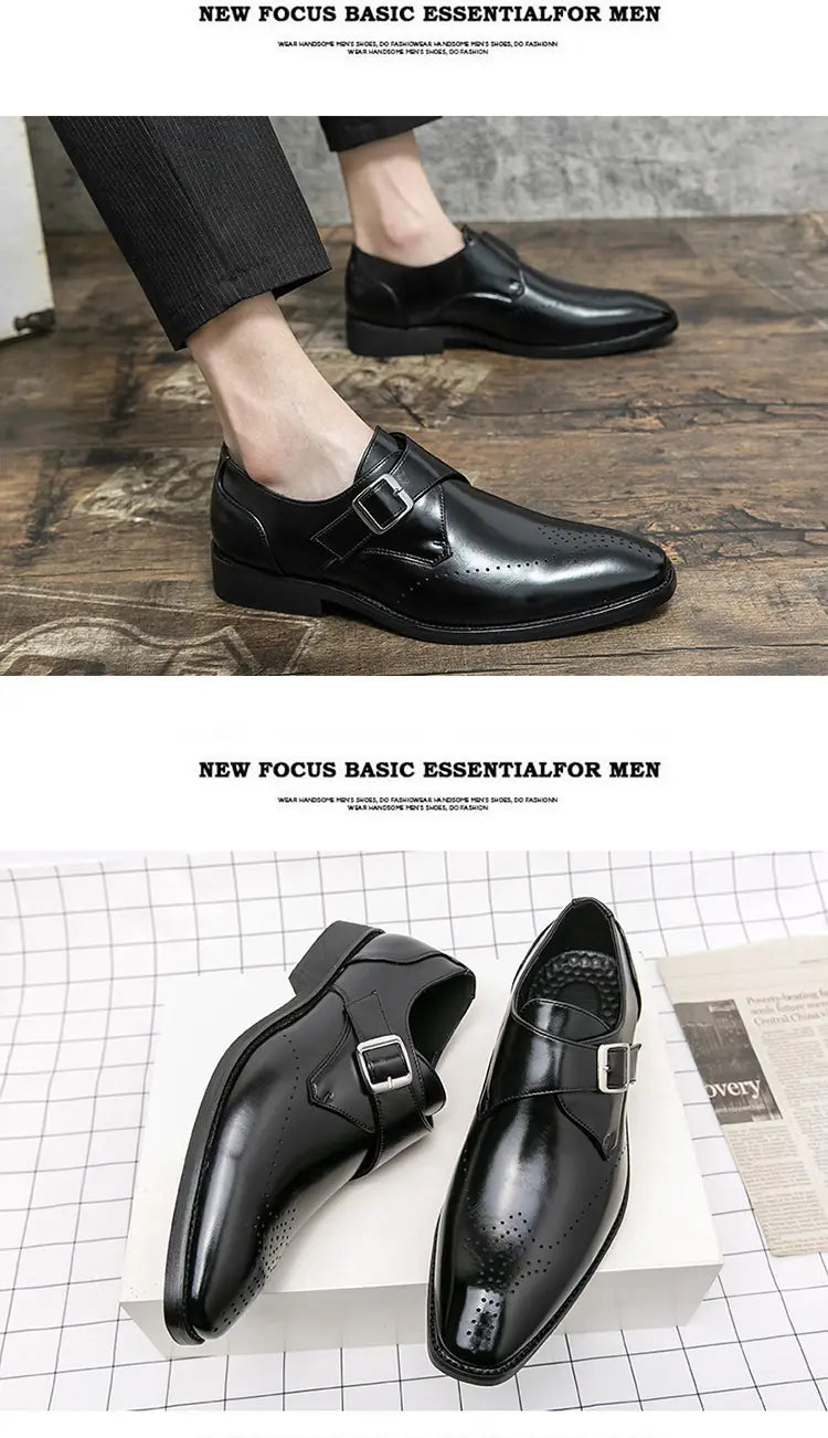 Black leather monk strap dress shoe with polished finish and perforated detailing for men.