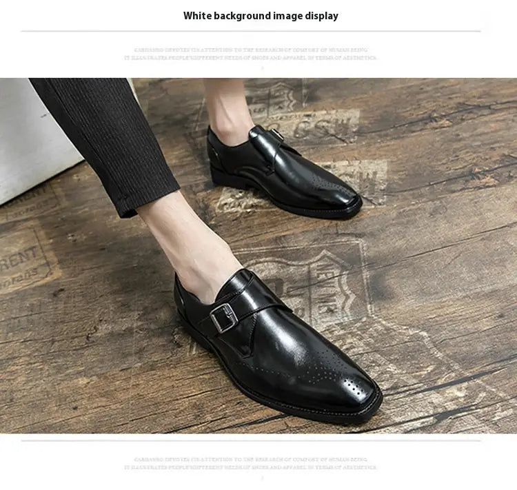 Black leather monk strap dress shoe with polished finish and perforated detailing for men.