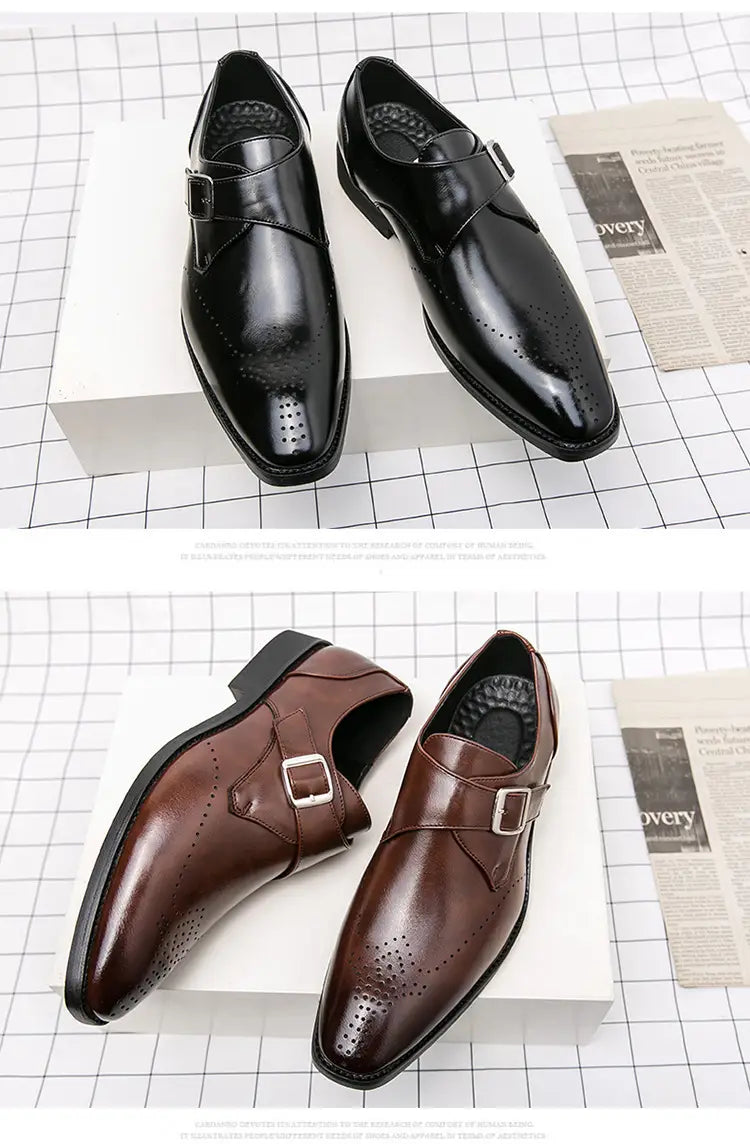 Black leather monk strap dress shoe with polished finish and perforated detailing for men.