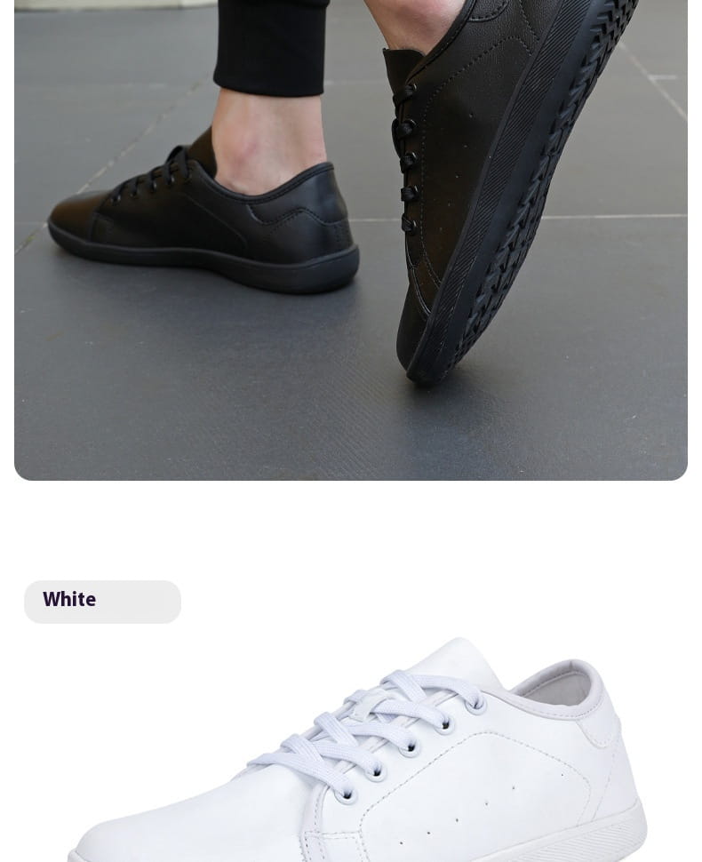 Zapatillas minimalistas antideslizantes de cuero negro de puntera ancha con suela de goma texturizada y cordones blancos, mostradas junto con zapatillas de cuero blanco a juego