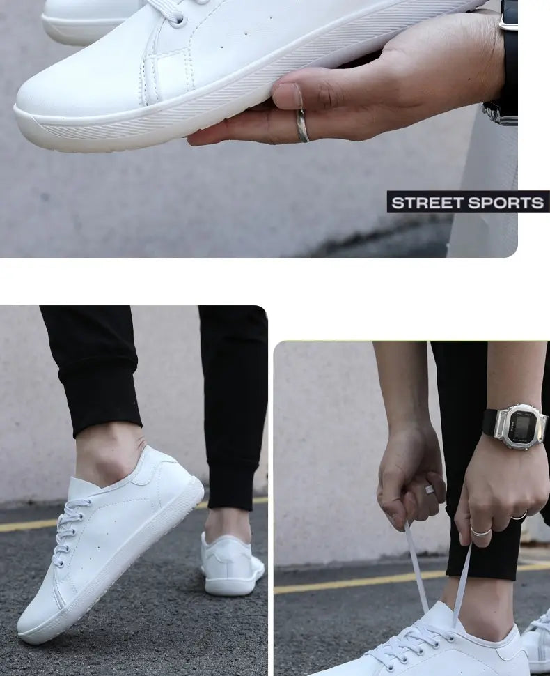Zapatos de cuero blanco de caña baja y puntera ancha con diseño minimalista y zapatillas antideslizantes con cordones a juego.