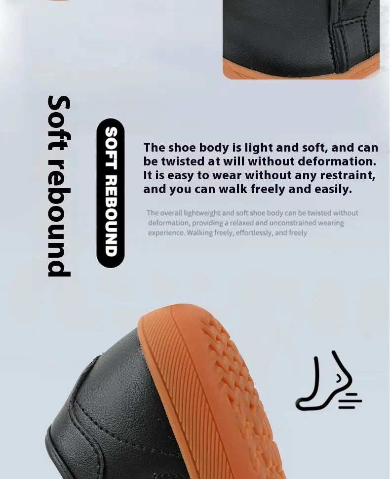 Zapatilla minimalista antideslizante de cuero negro de puntera ancha con suela de goma naranja antideslizante.