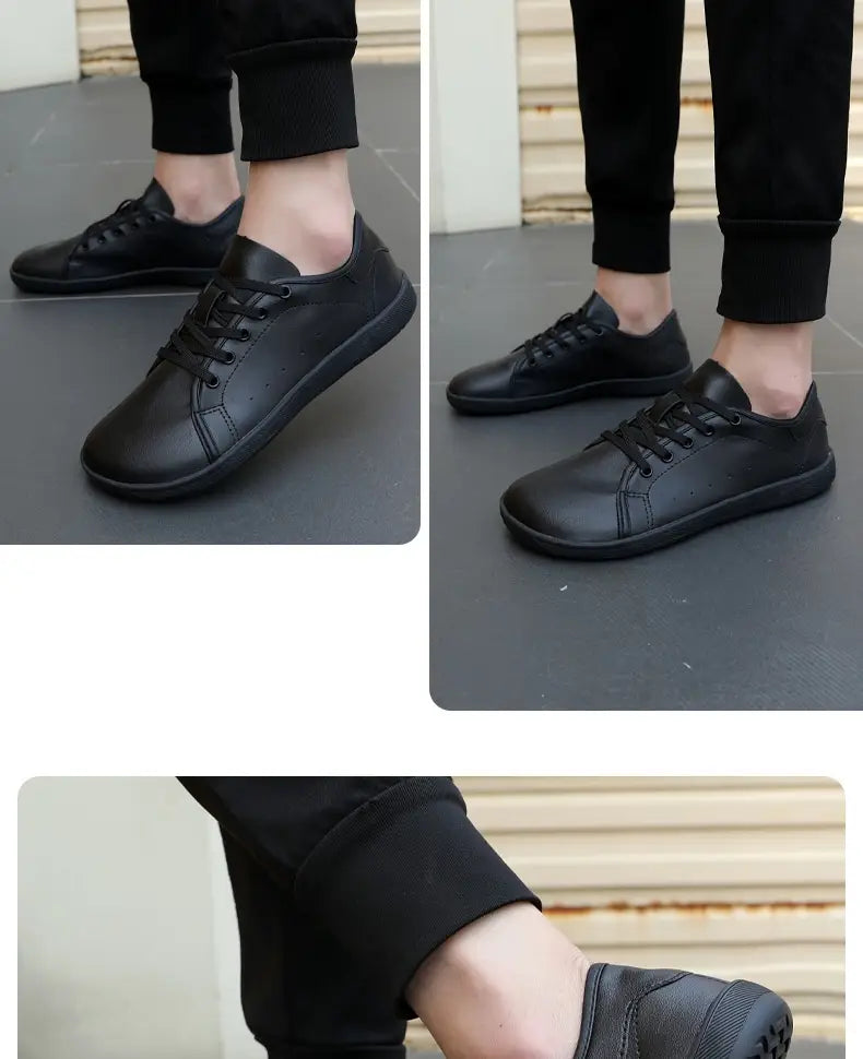 Zapatillas minimalistas antideslizantes de cuero negro de caña baja y puntera ancha con cordones simples y suela de goma plana.