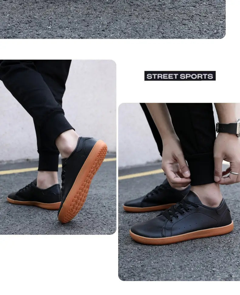 Zapatillas minimalistas antideslizantes de cuero negro de caña baja y puntera ancha con diseño clásico de cordones y suela de goma naranja contrastante.