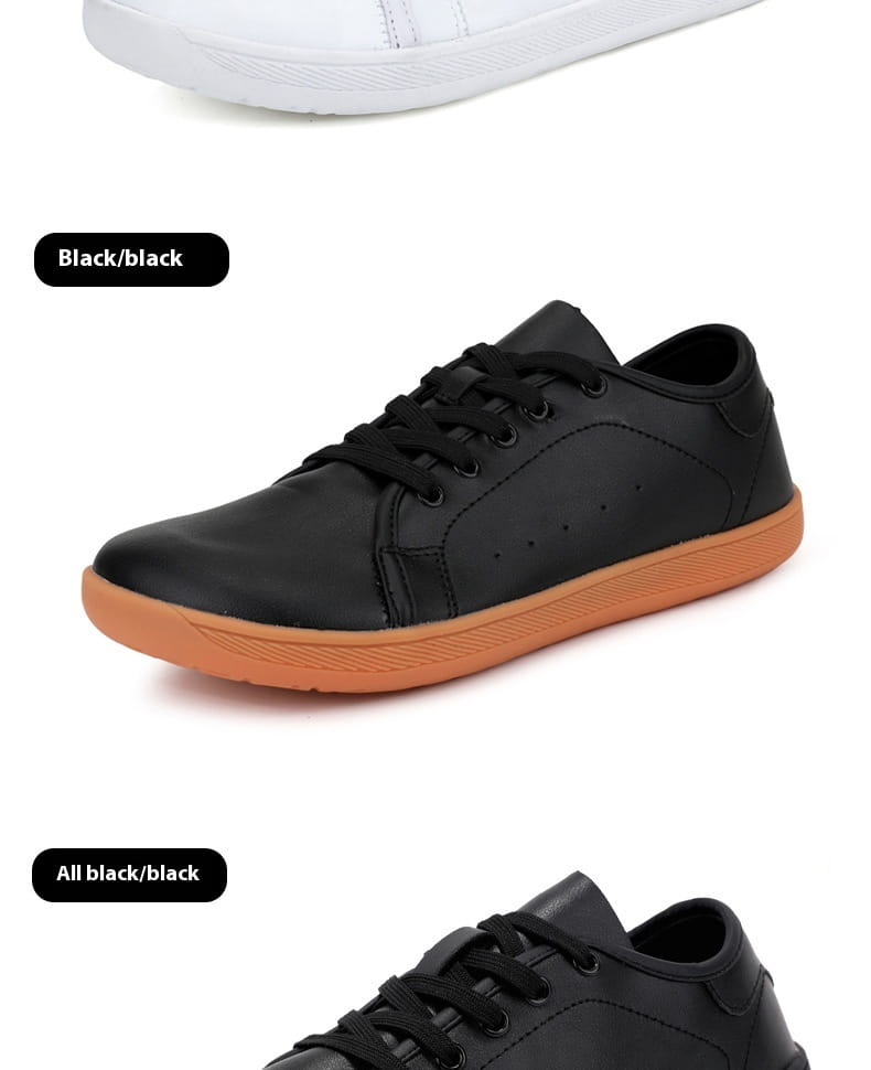 Zapatilla minimalista antideslizante de cuero negro de caña baja y puntera ancha con cordones negros y suela de goma naranja contrastante.