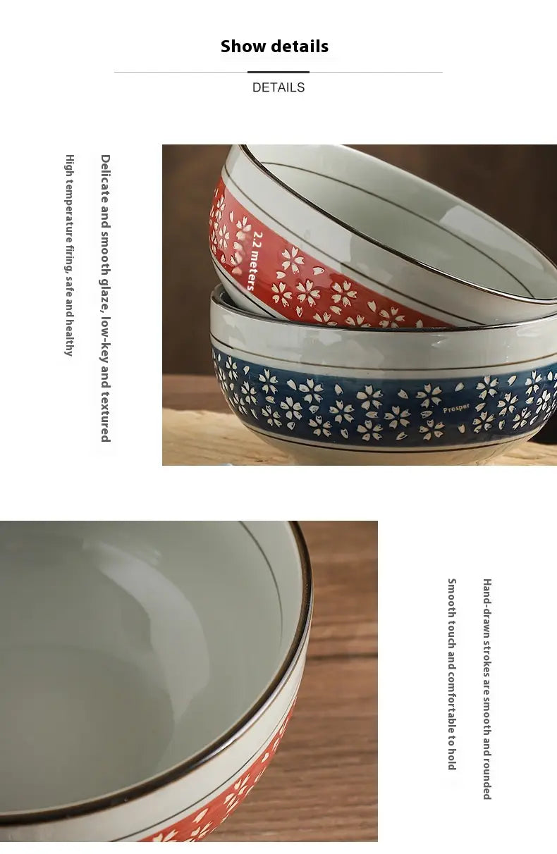 Stacked ceramic noodle bowls with delicate white cherry blossom floral patterns on red and blue glazed surfaces measuring 7 inches suitable for soup.