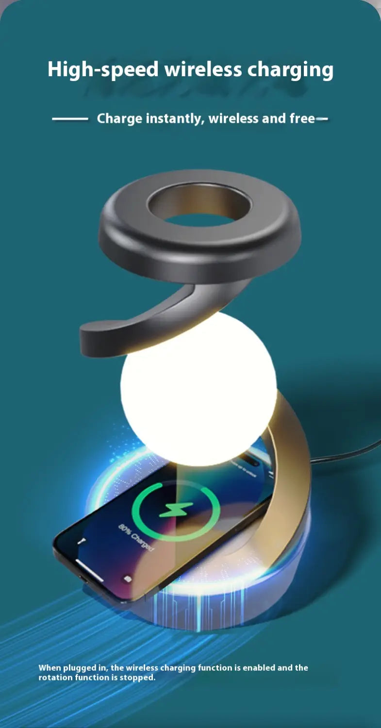 Moon Desk Lamp with wireless charging and sensor control featuring a sleek black curved arm design and a glowing white spherical light.
