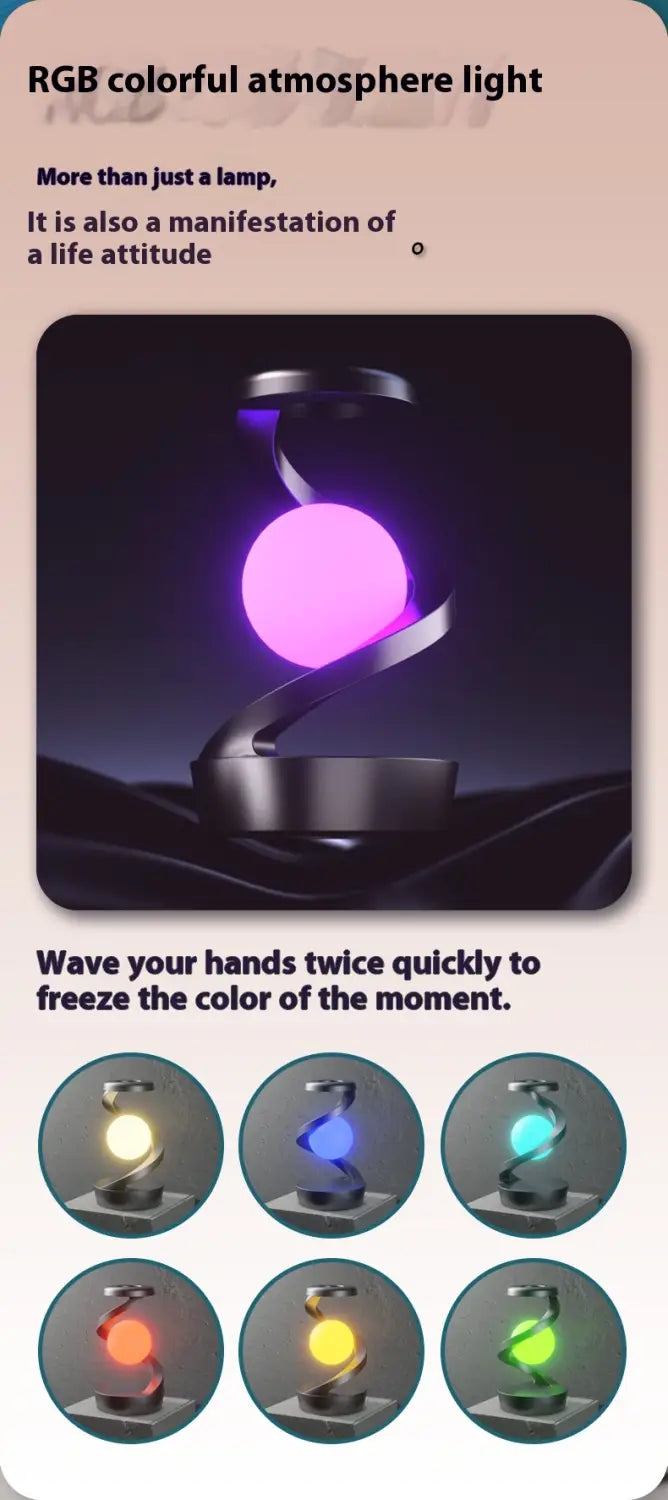 A sleek modern Moon Desk Lamp with wireless charging and sensor control featuring a glowing spherical RGB bulb encased in an elegant metallic spiral base.