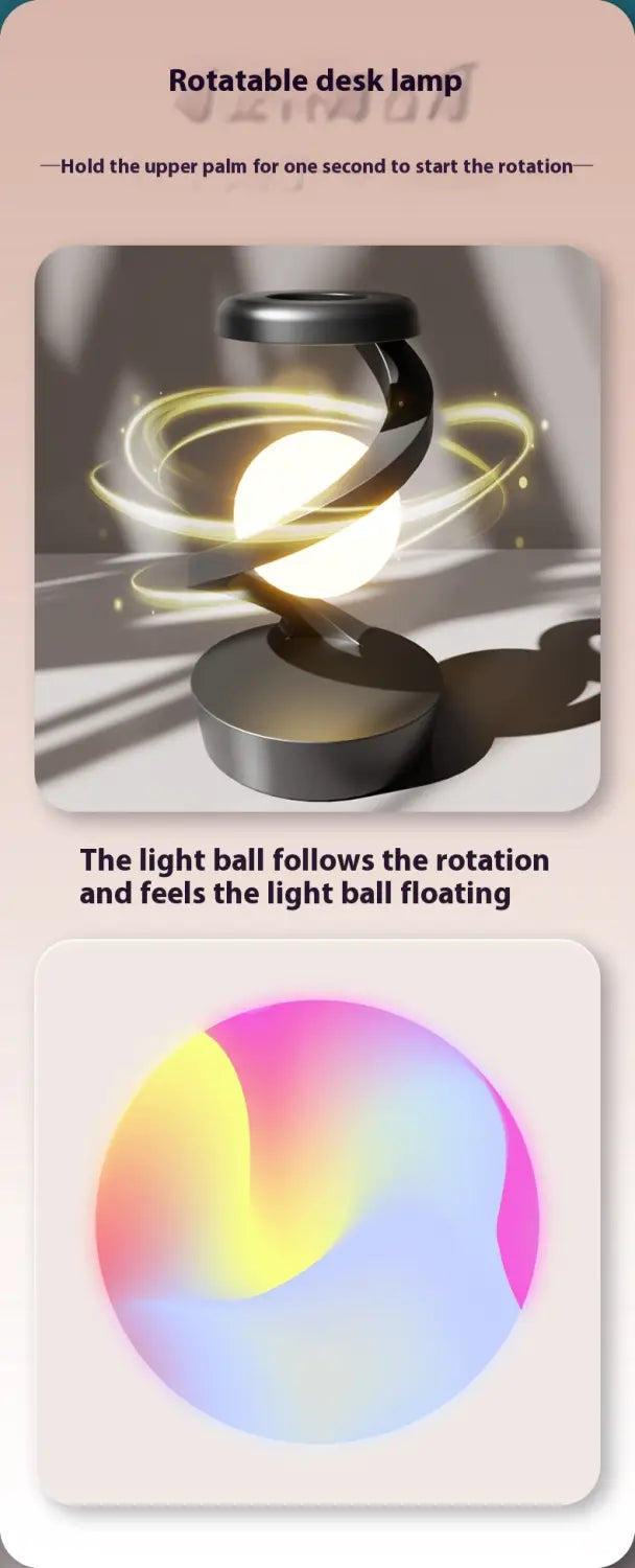 A sleek black rotatable desk lamp with a glowing spherical light ball that appears to float as it rotates featuring wireless charging and sensor control in the moon desk lamp design.