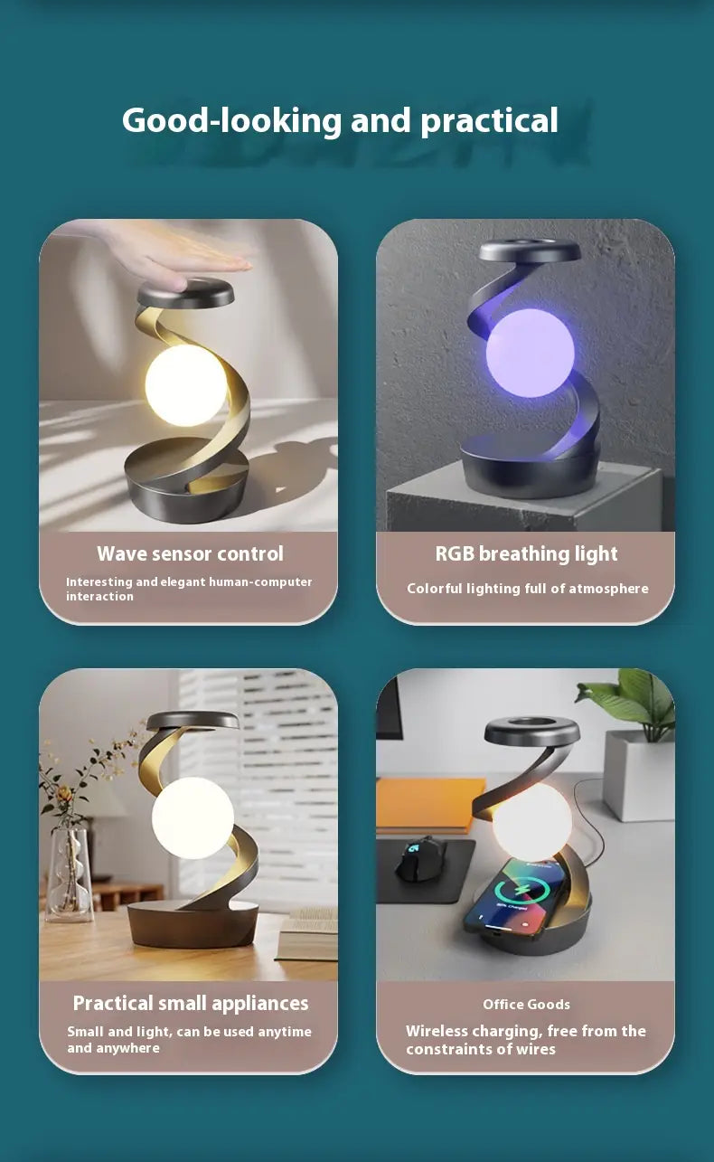 Sleek black and gold spiral moon desk lamp with glowing spherical bulb featuring wireless charging and sensor control.