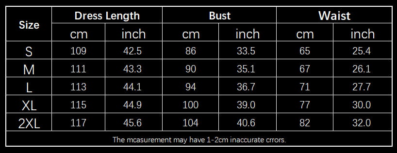 Le guide des tailles de la robe midi portefeuille plissée à manches volantées et encolure en V en taille col V présente des mesures en centimètres et en pouces pour les tailles S à 2XL, avec une note concernant d’éventuelles inexactitudes.